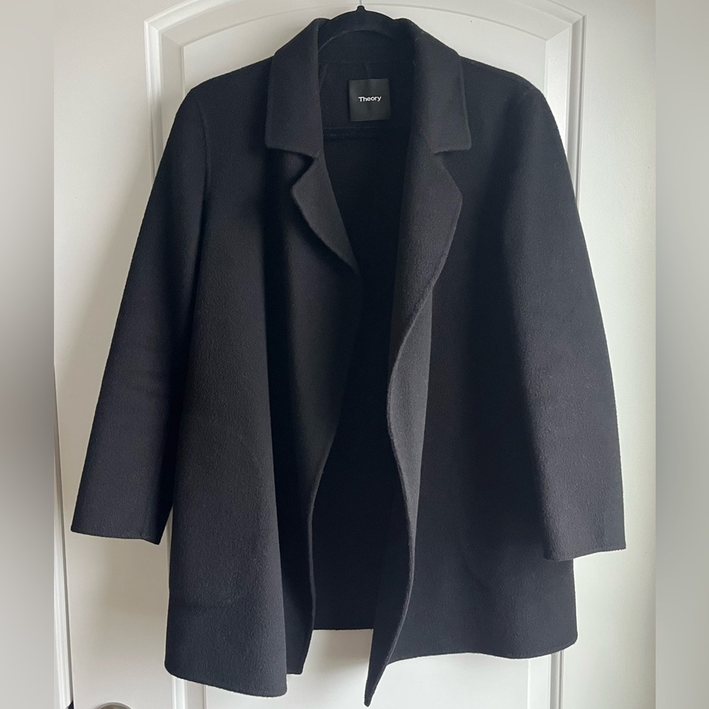 Theory Clairene New Divide Luxe Wool Cashmere Open Front Overlay Coat Black S/P